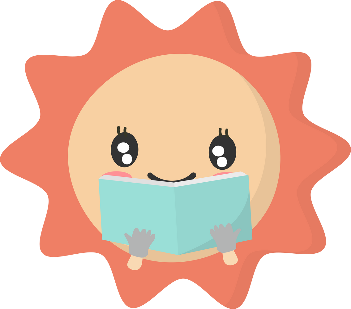 Sun character reading a book